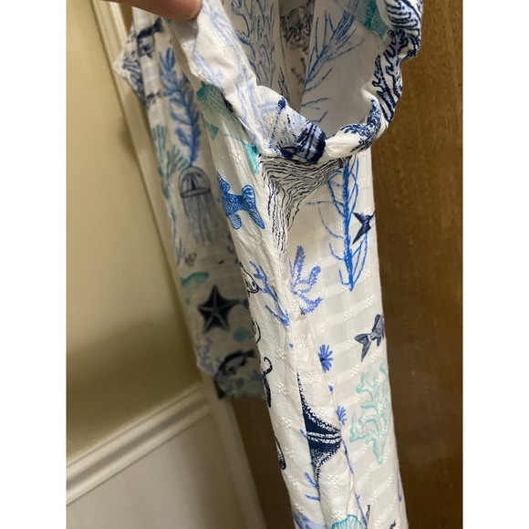 Jane + Delancey White Blue Sea Life Print Short Sleeve Button Blouse L Light - Picture 7 of 13